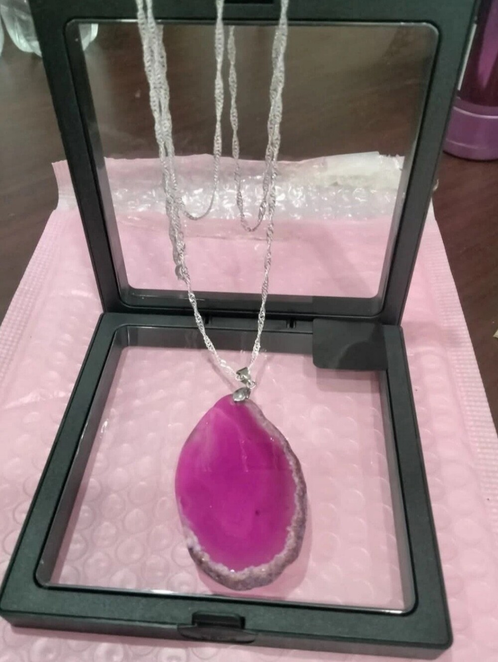 Pink Dragon Vein Agate Pendant 30 Inch Sterling Silver Necklace